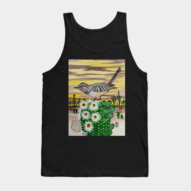 Arizona state bird and flower, the cactus wren and saguaro cactus flower Tank Top by Matt Starr Fine Art